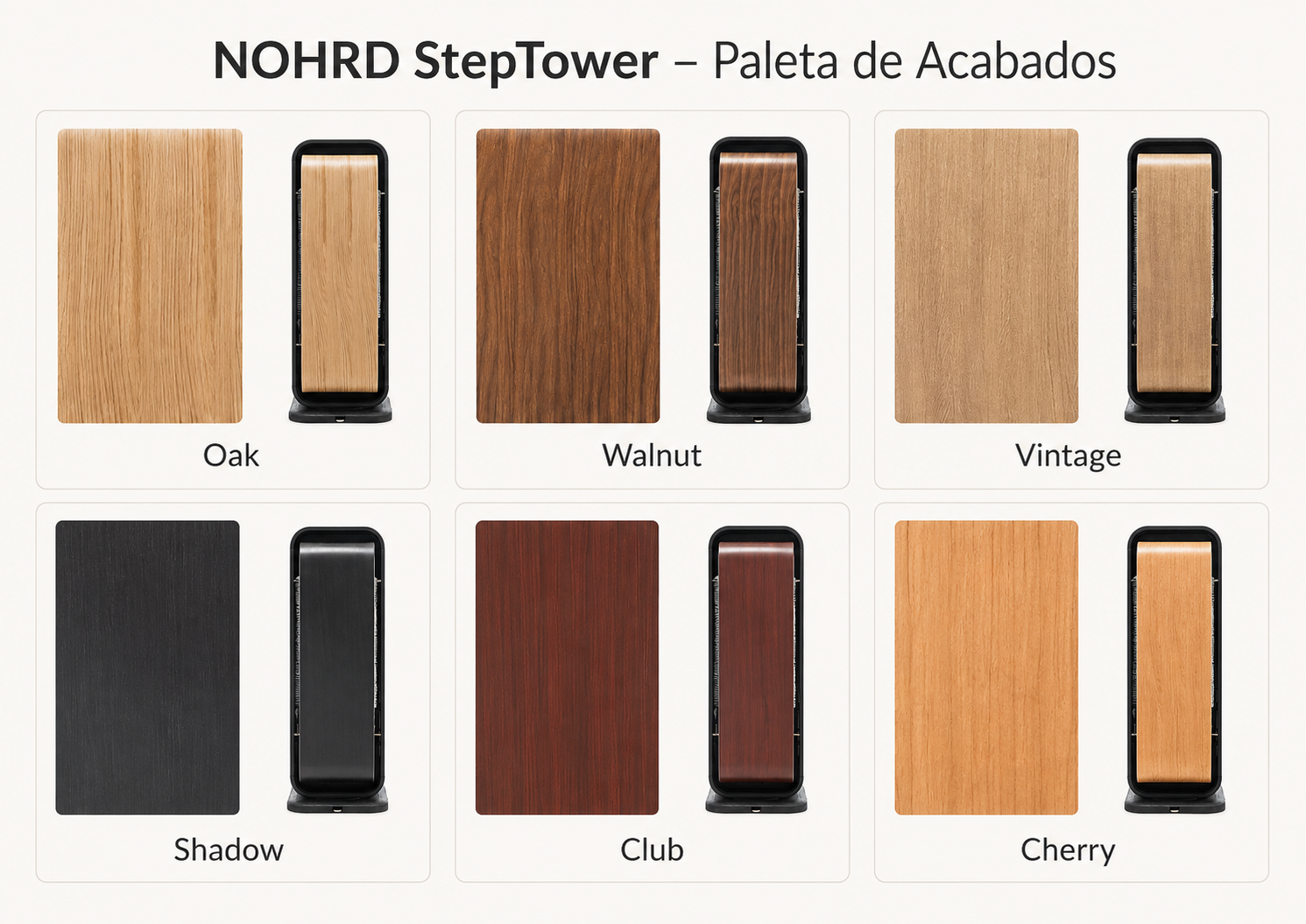 NOHRD StepTower paleta de acabados en madera Oak Walnut Vintage Shadow Club y Cherry Profitness Distribuidor México